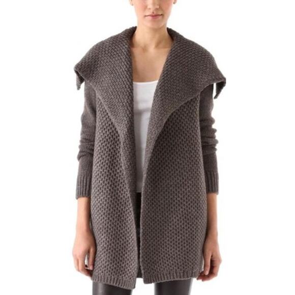 Vince Honeycomb Knit Open Front Cardigan Brown Yak Wool Blend Womens Medium - Picture 1 of 8